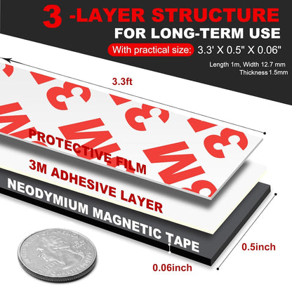 Neodymium Magnetic Tape, Flexible Magnet Tape Strips Roll (1/2'' Wide x 3.3 ft Long) with Strong 3M Adhesive Backing, Magnetic Strips Heavy Duty Perfect for Wall, DIY, Art Projects & Fridge