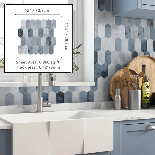 The Tiles Plaza 10-Sheet Peel and Stick Backsplash, Blue Cement Long Hexagon Self Adhesive Wall Tile, Stone Composite Stick On Decorative Mosaic Tile for Kitchen Bathroom Fireplace