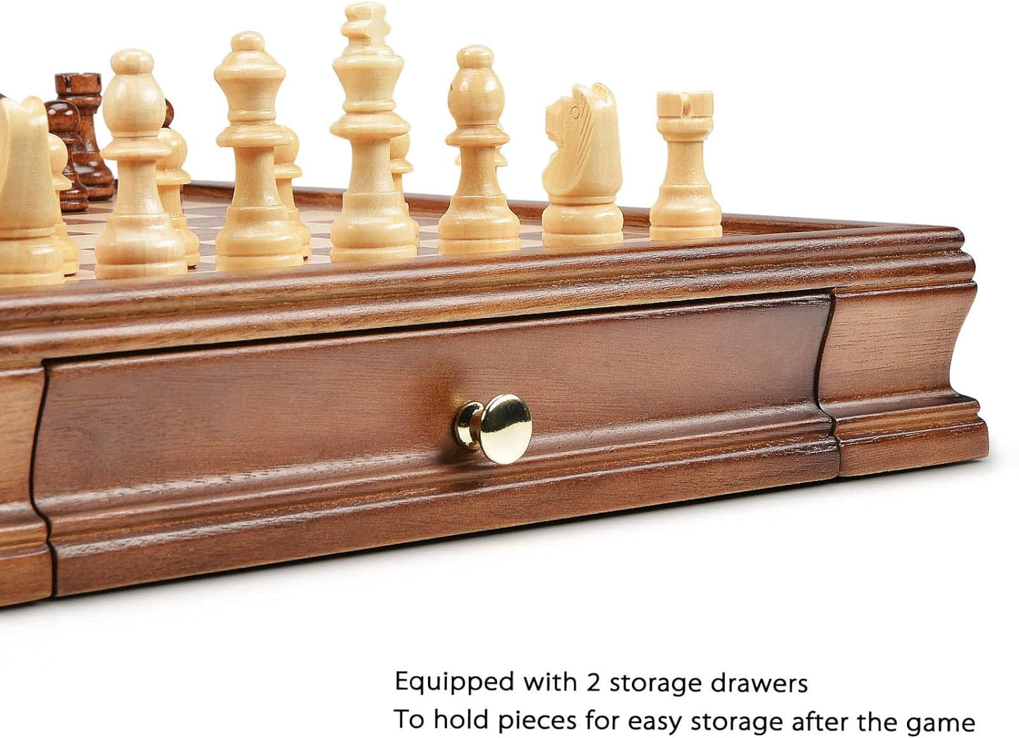 AMEROUS 12.8" x 12.8" Magnetic Wooden Chess Set with 2 Built-in Storage Drawers - 2 Bonus Extra Queens - Gift Packaging - Staunton Chess Pieces, Board Games Chess Sets for Adults and Kids