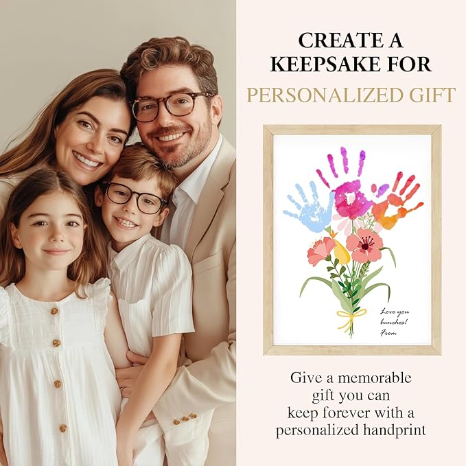 Physkoa Mom & Grandma Keepsake Gift — Handprint Flower Craft with Wood Frame — Great Grandma Gift for Birthday or Xmas— 2 Art Styles + Washable Ink Pads
