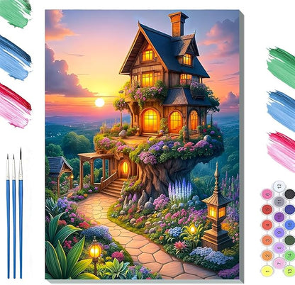 Paint by Numbers Kit for Adults Framed, Whimsical Treehouse Cottage at Sunset, DIY Oil Painting, Pre-Printed Canvas Wall Art Home Decor Gift, 20x24inch Framed, 24 Colors