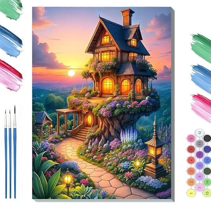 Paint by Numbers Kit for Adults Framed, Whimsical Treehouse Cottage at Sunset, DIY Oil Painting, Pre-Printed Canvas Wall Art Home Decor Gift, 16x20inch Framed, 24 Colors