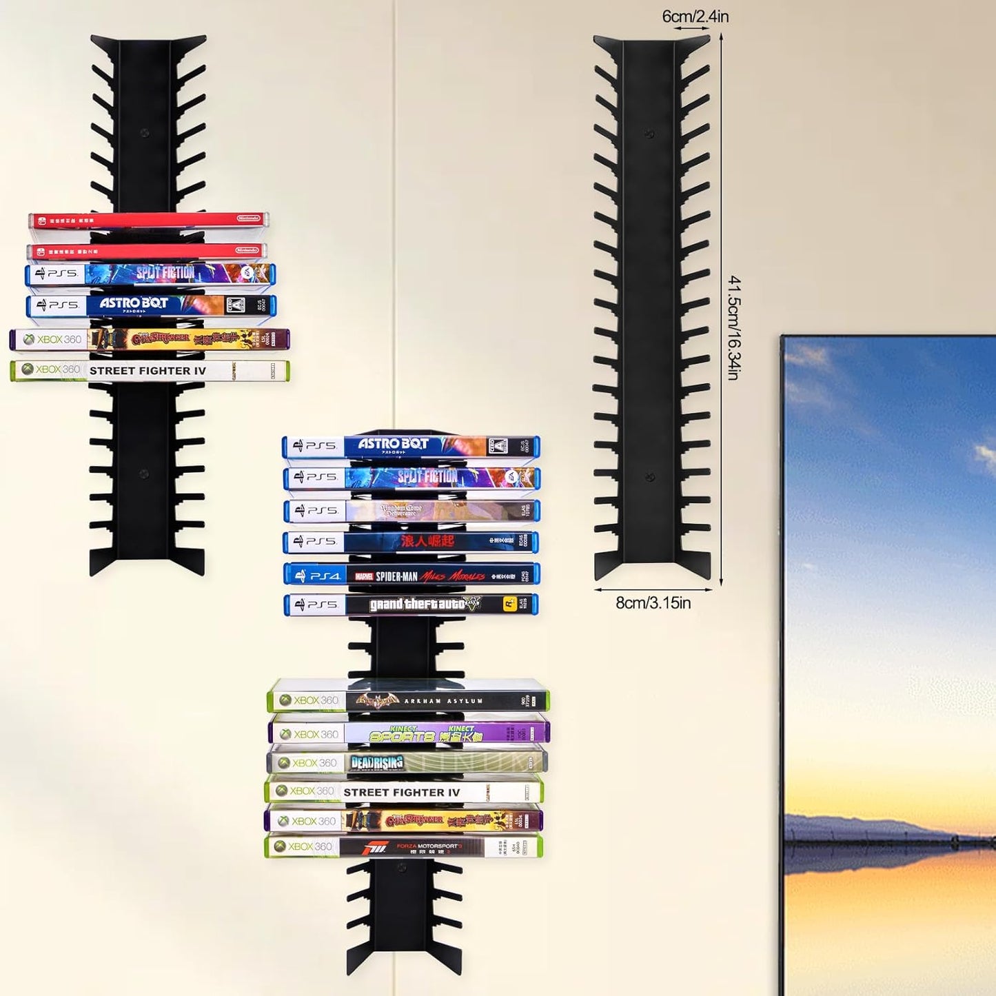 4 Pack Video Game Case Storage Wall Mount - Holds Up to 72 Disc Boxes,Metal Wall Mounted Game Case Holder for PS,DVD,Xbox Game Organizer