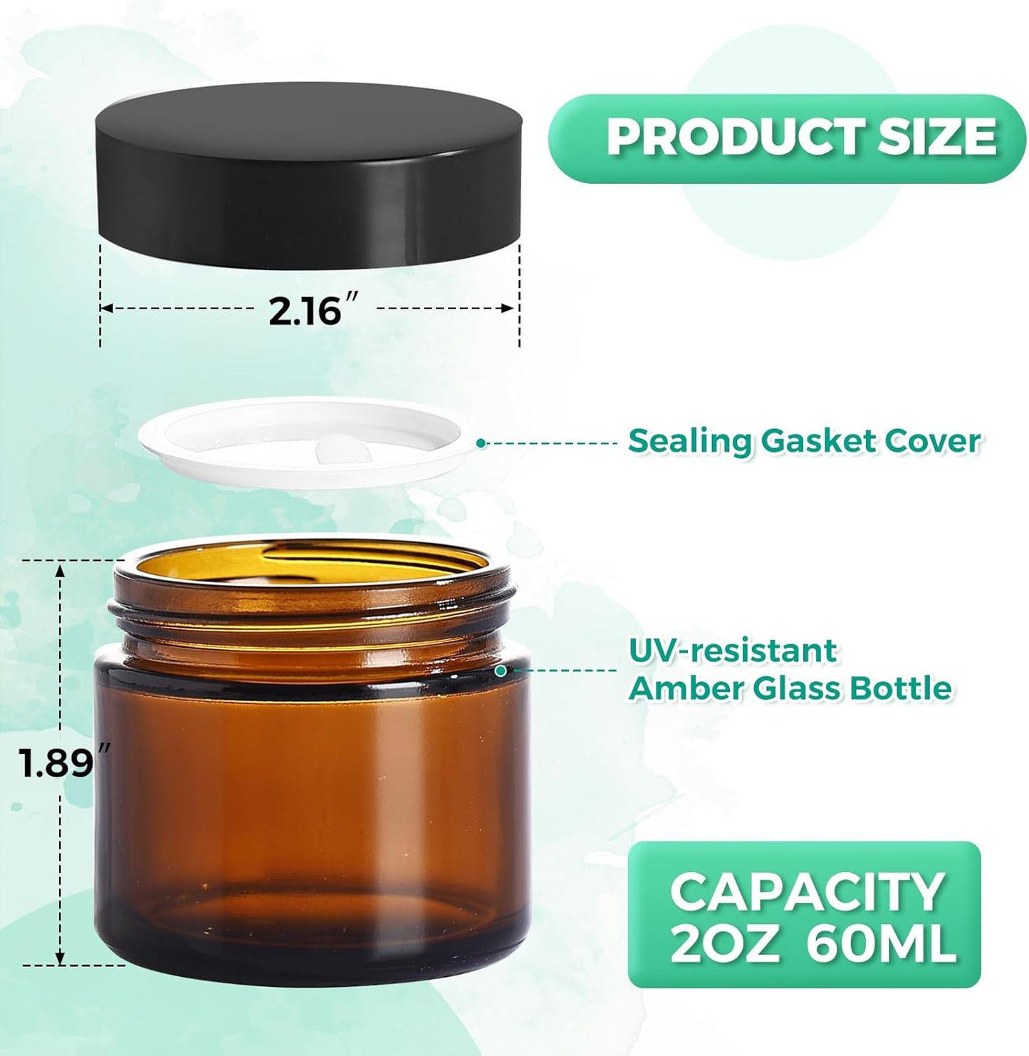 2OZ Amber Glass Jars with lids, 36 Pack Empty Cosmetic Jars, Refillable Airtight Wide Mouth Container for DIY, Sample, Cream, Lotion, Candle Making, Powder, Cosmetic
