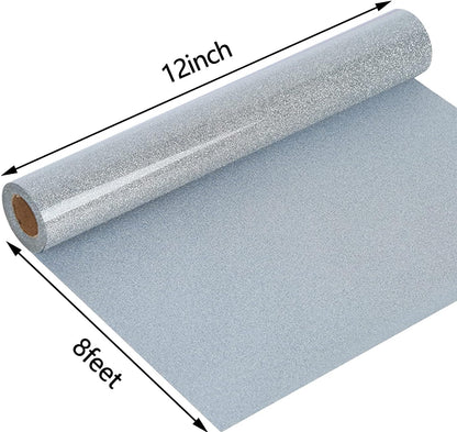 guangyintong Glitter Silver Heat Transfer Vinyl HTV Rolls, 12" x 8ft Iron on Vinyl for T-Shirts Glitter Silver HTV Vinyl for All Cutter Machines Easy to Cut & Weed for Heat Vinyl Design