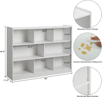 3-Tier Bookshelf, 8-Section Wooden Bookcase, Storage Organizer with Anti-Tilt Device, Modern Storage Display Cabinet for Living Room, Classroom, Kid’s Room (White)