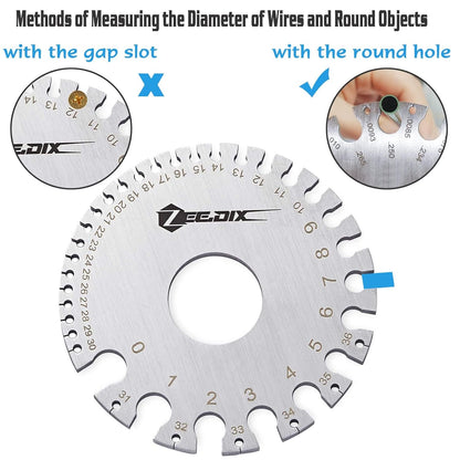 ZeeDix Standard Dual-Sided Round Wire Cable Sheet Gage- Stainless Steel Metal Wire Gage Measurement Tool Wire Measuring Ruler Diameter Tool