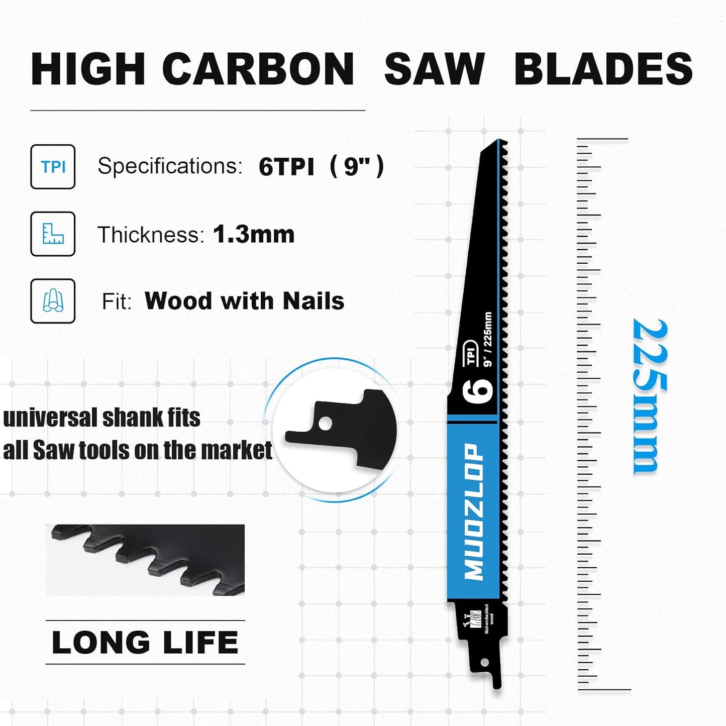 5 Pack 9 inch Reciprocating Saw Blades Set， 6 TPI High Carbon Saw Blades for Wood with Nails，Saw Blades with Organizer Case (5, 6T/9inch)