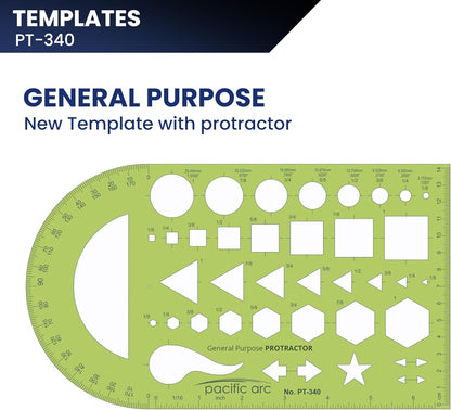 Pacific Arc - General Purpose Template with Protractor - Drawing Aid Stencil for Professional or School Work - Size 5.5" x 9.5"