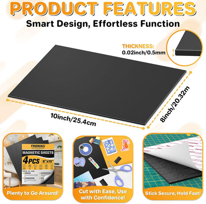FINDMAG Magnetic Sheets, Flexible Magnets with Superior Adhesive Backing, Cut & Customize Magnet Sheet Set for Creating Magnetic Photo, Crafting, Organizing, and DIY Projects - 4 Pack (8" x 10")