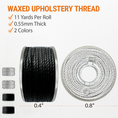 VONEEDL Heavy Duty Sewing Needles (11 PCS) & Waxed Thread (2 Black and 2 Grey Colors) - Upholstery Repair Kit for Leather, Canvas, Quilting & More