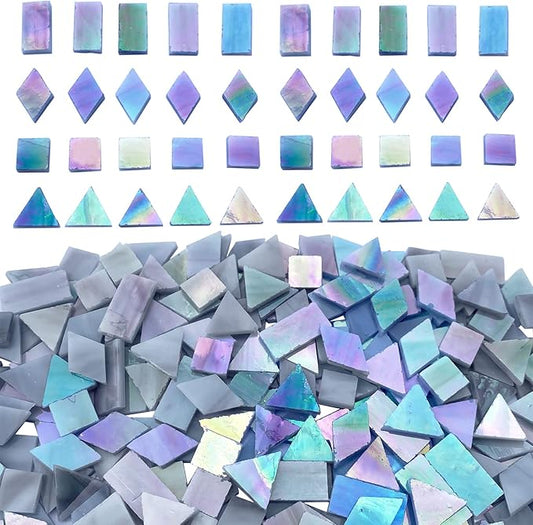 Iridescent Gray Stained Glass Mosaic Tiles for Crafts, 280 Pieces Mixed 4 Shapes Tiffany Stained Glass Sheets for Mosaic Projects