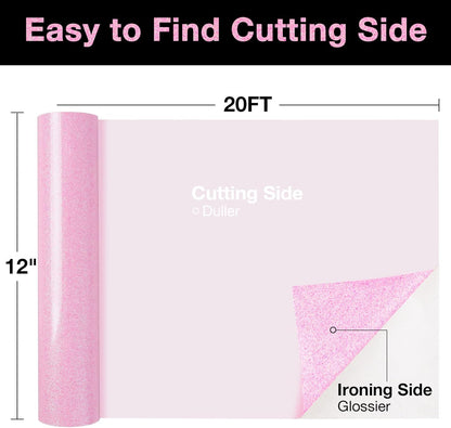 TORC Pink Glitter HTV Heat Transfer Vinyl Large Roll 12 inch x 20 ft Sparkly Iron on Vinyl for T Shirts Crafts