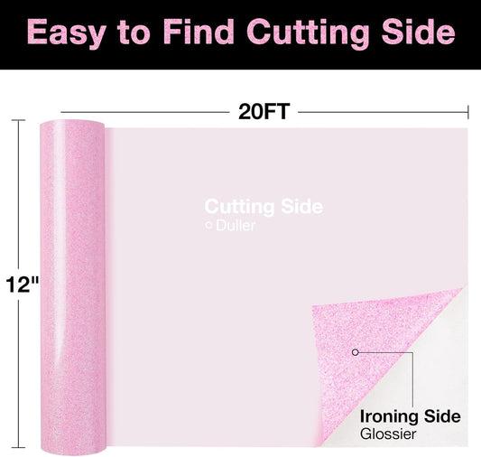 TORC Pink Glitter HTV Heat Transfer Vinyl Large Roll 12 inch x 20 ft Sparkly Iron on Vinyl for T Shirts Crafts