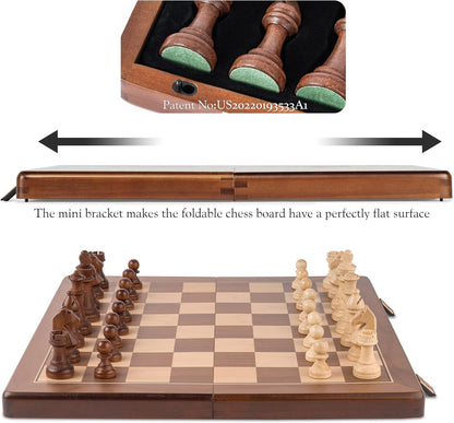 A&A 15" Magnetic Wooden Chess Set, Handmade 3" King Height Knight Staunton Chess Pieces with 2 Extra Queen, Folding Portable Travel Game Set