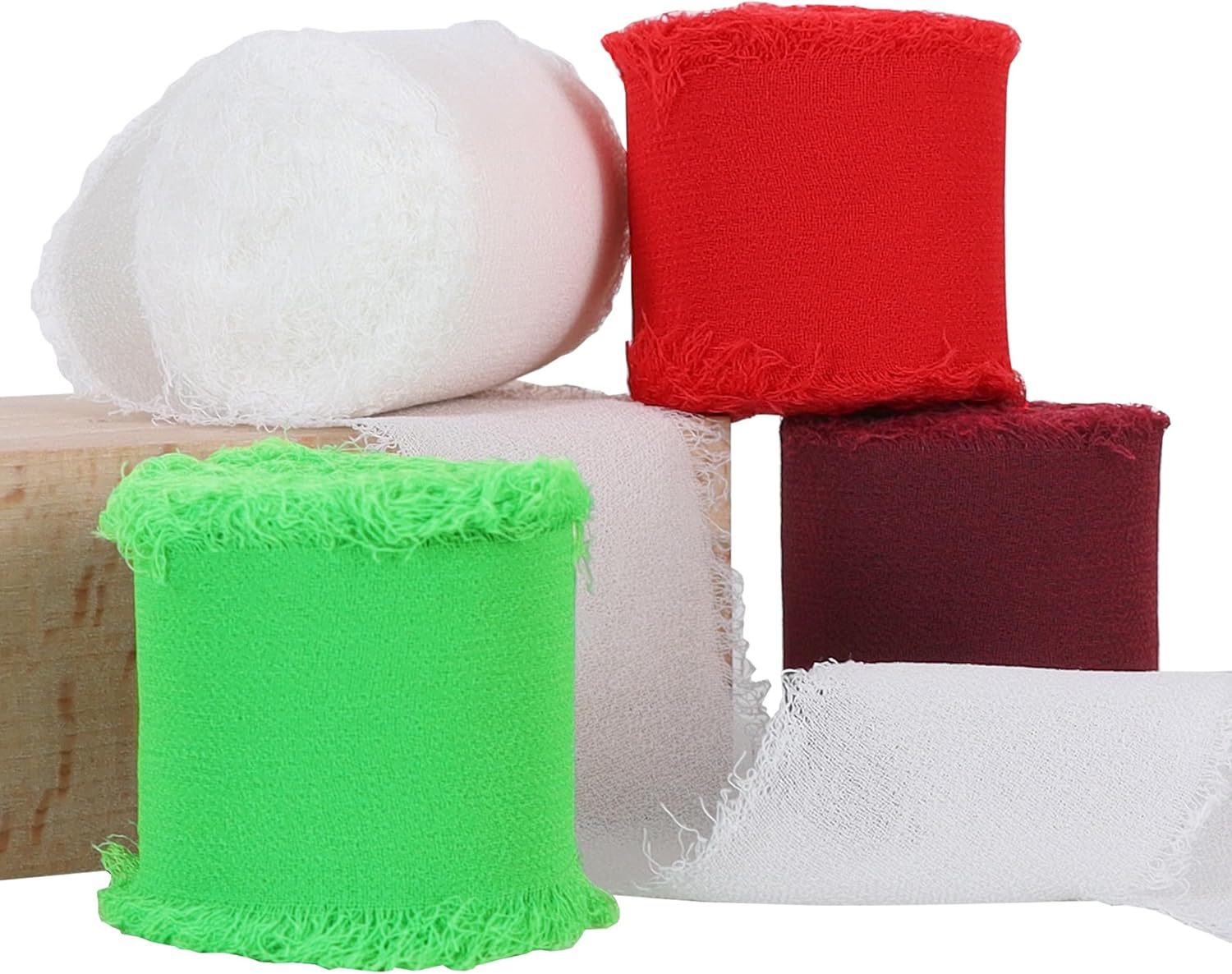 TONIFUL 4 Rolls Silk Chiffon Ribbon 1-1/2 Inch x 22 Yards, Bright Red and Green Handmade Fringe Silk Ribbon Set for Gift Wrapping Flowral Bouquets Crafts Christmas Wreath Elf-Themed Party Decoration - Crafty Corner