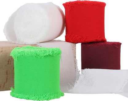 TONIFUL 4 Rolls Silk Chiffon Ribbon 1-1/2 Inch x 22 Yards, Bright Red and Green Handmade Fringe Silk Ribbon Set for Gift Wrapping Flowral Bouquets Crafts Christmas Wreath Elf-Themed Party Decoration - Crafty Corner