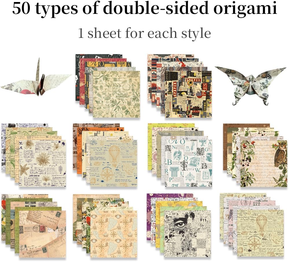 Square Origami Paper 6x6 Double Sided 50 Sheets 50 Colors 70GSM Origami Kit Japanese Chiyo Easy Fold Arts Crafts DIY Handwork Beginner Retro Newspapers - Crafty Corner