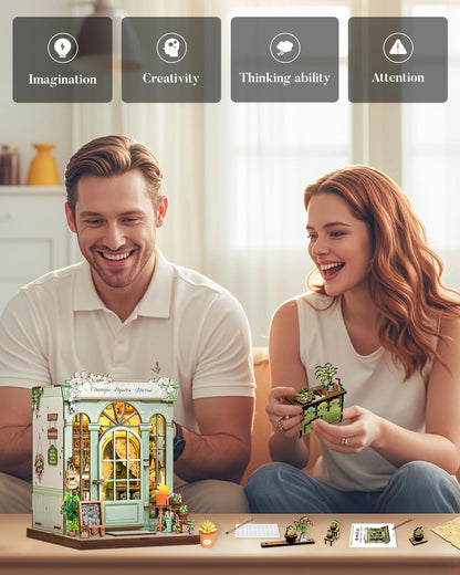 Cutefun Book Nook Kit - DIY Miniature Dollhouse Kit 3D Creative Decorative Bookend 3D Wooden Puzzle for Adults, Bookshelf Insert Room Decor with LED Light (Champs-Élysées Florist)