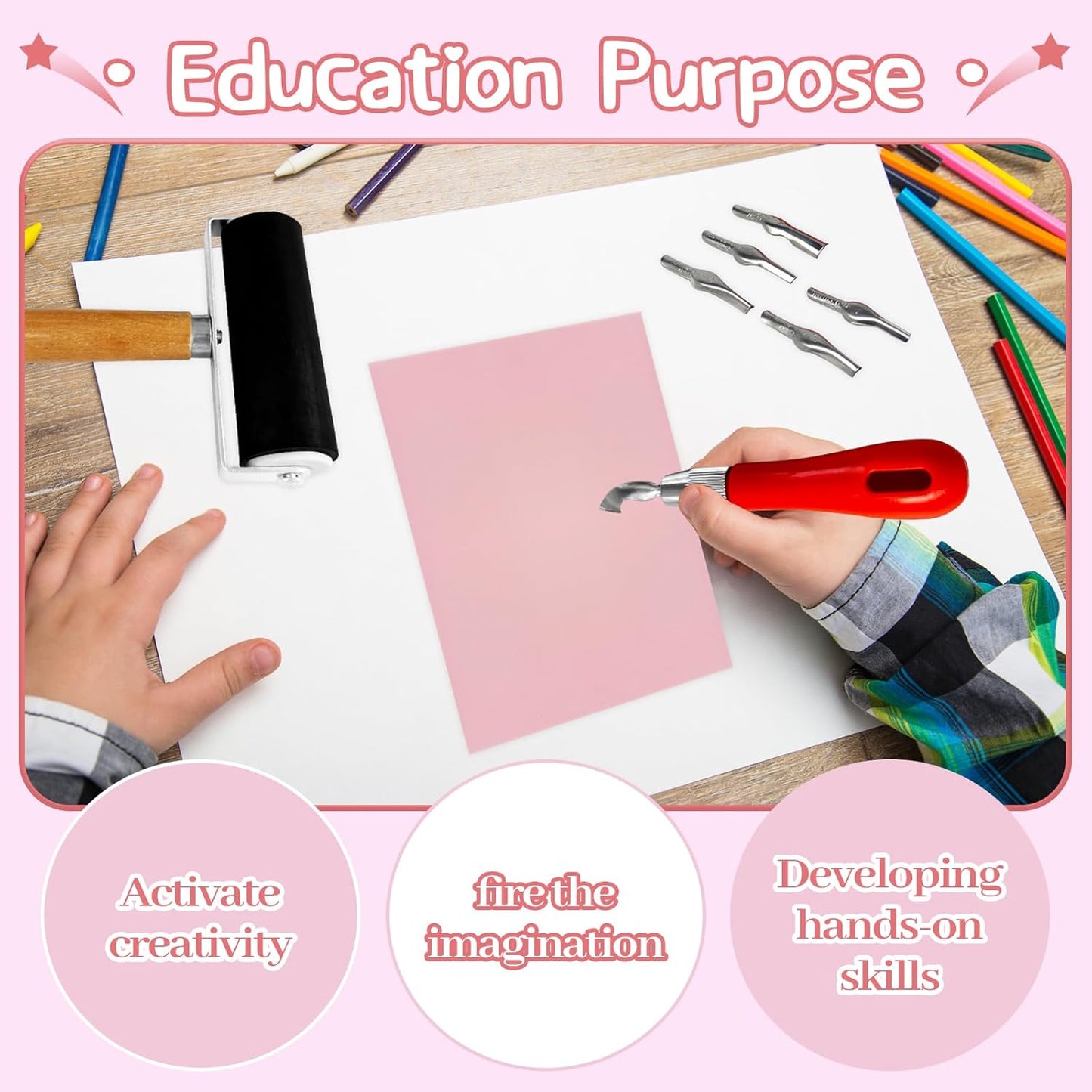 4 Pack Rubber Block Stamp Carving Blocks,Rubber Carving Linoleum Blocks with Cutter Tools,Rubber Brayer Roller for Stamp Maker,Printmaking and More Crafts