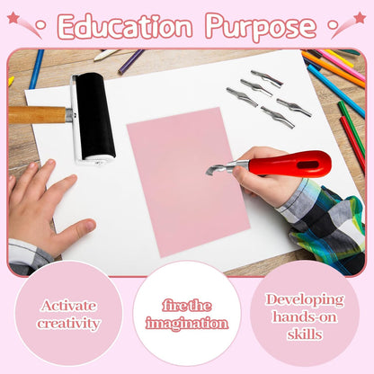 4 Pack Rubber Block Stamp Carving Blocks,Rubber Carving Linoleum Blocks with Cutter Tools,Rubber Brayer Roller for Stamp Maker,Printmaking and More Crafts