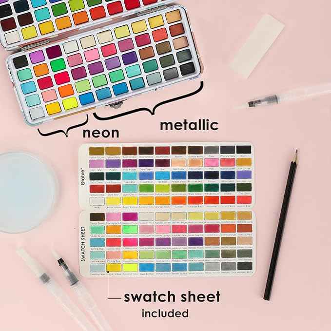 Grabie 100 Colors Watercolor Paint Set - 50 Regular, 35 Metallic, 10 Macaron and 5 Fluorescent Colors - Portable with Carrying Case, Water Brush Pens, and Accessories - For Beginners and Professionals