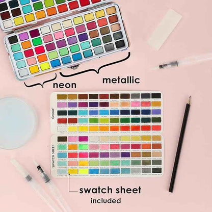 Grabie 100 Colors Watercolor Paint Set - 50 Regular, 35 Metallic, 10 Macaron and 5 Fluorescent Colors - Portable with Carrying Case, Water Brush Pens, and Accessories - For Beginners and Professionals
