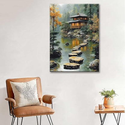 Paint by Numbers Kit for Adults Framed, Japanese Tea House with Stepping Stones, DIY Oil Painting, Pre-Printed Canvas Wall Art Home Decor Gift, 16x20inch Framed, 24 Colors