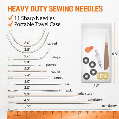VONEEDL Heavy Duty Sewing Needles (11 PCS) & Waxed Thread (Black Color - 4 Rolls) - Upholstery Repair Kit for Leather, Canvas, Quilting & More