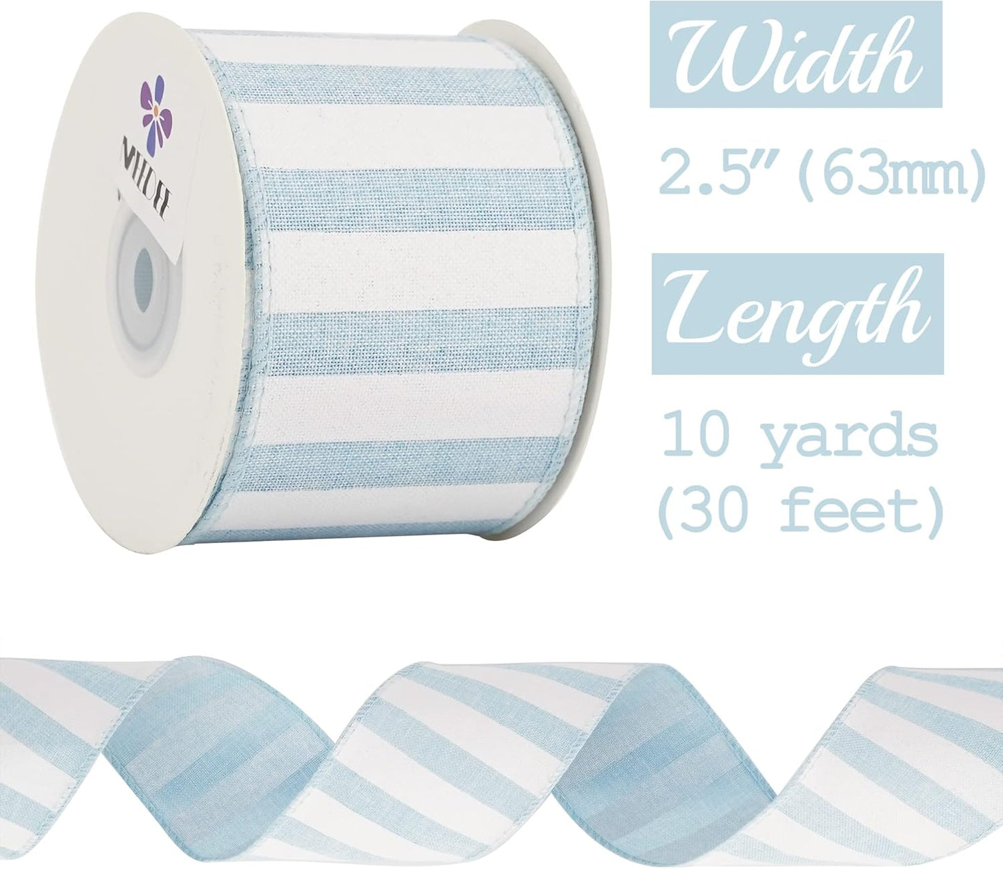 MEEDEE Blue White Stripe Ribbon 2.5 Inch Light Blue Wired Ribbon for Baby Boy Wreath, Baby Shower Elephant Wreath Diaper Cake Supplies, 10 Yards - Crafty Corner