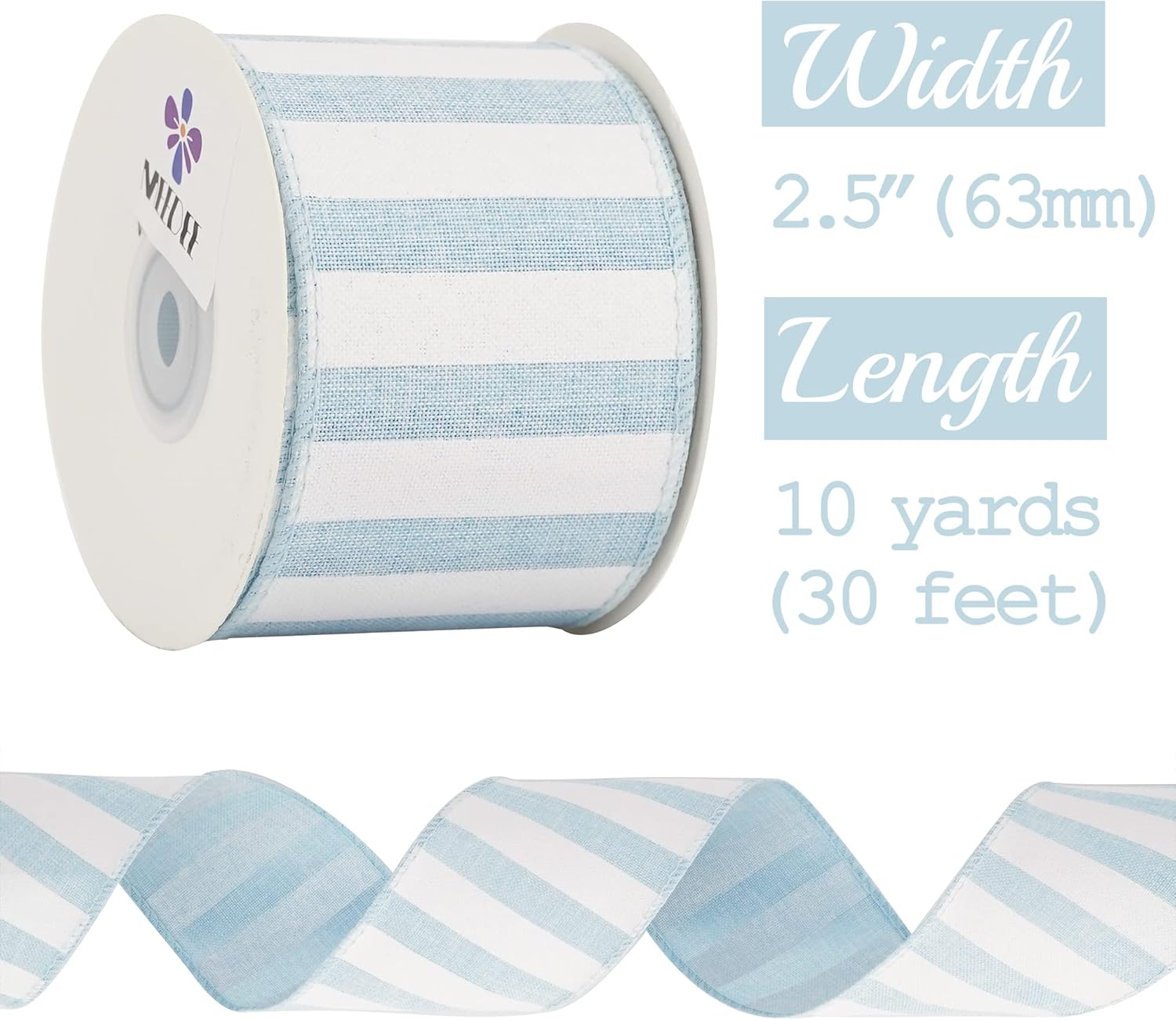 MEEDEE Blue White Stripe Ribbon 2.5 Inch Light Blue Wired Ribbon for Baby Boy Wreath, Baby Shower Elephant Wreath Diaper Cake Supplies, 10 Yards - Crafty Corner