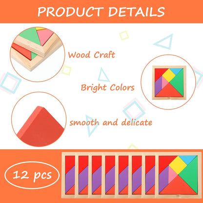 Meooeck 12 Pack Tangrams Wooden Puzzles Tangrams Classroom Set for Kids Shape Puzzles Brain Logic Blocks for Games Educational Gifts for Adults Kids Ages 4-8 8-12(Notch Style)