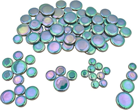 200g Iridescent Round Mosaic Tiles for Crafts Bulk, 11mm-23mm 4 Size Circular Mosaic Ceramic Pieces for Vases, Garden Decor, DIY Mosaic Making (Cyan)