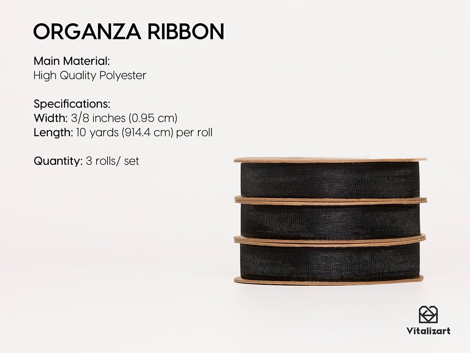Vitalizart 3/8" x 30Yd Organza Ribbon Black Sheer Ribbons Set 10 Yd x 3 Rolls Handmade Eco-Friendly for Gift Wrapping Christmas Tree Crafts Bows Wedding Invitations Wreaths Wrap - Crafty Corner