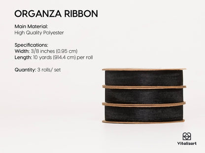 Vitalizart 3/8" x 30Yd Organza Ribbon Black Sheer Ribbons Set 10 Yd x 3 Rolls Handmade Eco-Friendly for Gift Wrapping Christmas Tree Crafts Bows Wedding Invitations Wreaths Wrap - Crafty Corner