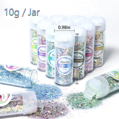 Renfio Opal Chunky Glitter Set - 16 Dreamy Amber Colors, 10g Each - Holographic Fine Glitter Mix, Iridescent Flakes for Snow Globe, Tumbler, Nail Art & DIY Crafts