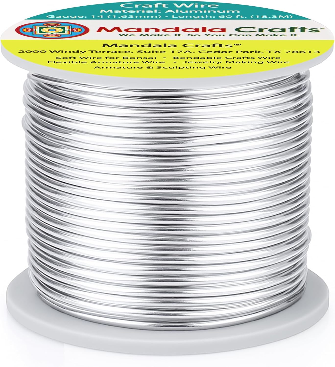 Mandala Crafts 14 Gauge Anodized Aluminum Craft Wire for Jewelry Making - 60 FT Colored Flexible Silver Tone Wire - Bendable for Bonsai Armature Crafting Sculpting - Crafty Corner