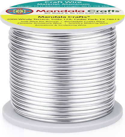 Mandala Crafts 14 Gauge Anodized Aluminum Craft Wire for Jewelry Making - 60 FT Colored Flexible Silver Tone Wire - Bendable for Bonsai Armature Crafting Sculpting - Crafty Corner