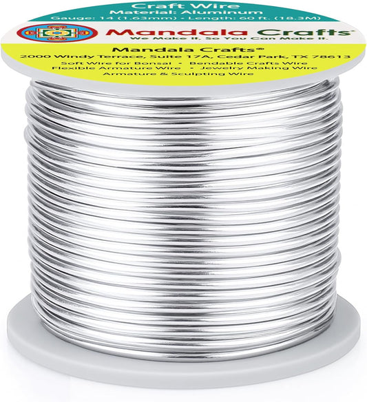 Mandala Crafts 14 Gauge Anodized Aluminum Craft Wire for Jewelry Making - 60 FT Colored Flexible Silver Tone Wire - Bendable for Bonsai Armature Crafting Sculpting - Crafty Corner