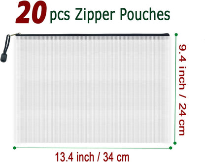 AUSTARK 20 Pcs Zipper File Bags, Plastic Mesh Pouch, Board Game Storage Bag, Waterproof Bags for Office School (A4 Size 13.4''x9.4'', White and Black)