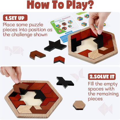 Yunsailing 3 Pack Hexagon Wooden Puzzle Wood Russian Blocks Tangram Puzzle Brain Teaser Puzzles Geometric Jigsaw Block Russian Blocks Logic IQ STEM Toy for All Ages Kid Adult(Vintage)
