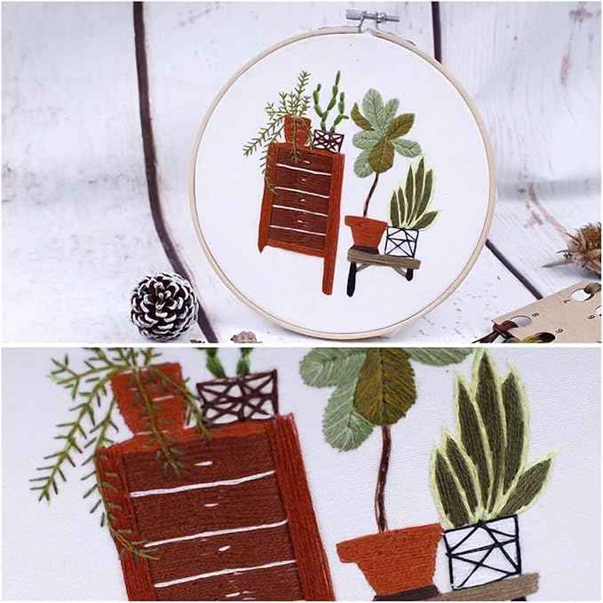 Act Iron Embroidery Starter Kit Full Range of Starter Including Instructions Stamped Cloth with Pattern Hoop Color Threads and Tools Crafts for Adults(Green Plants)