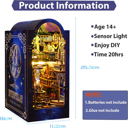ISSEVE Book Nook Kit, 3D Wooden Puzzle DIY Miniature House Kit for Booknook Shelf Insert Decoration, Magic Book House Stand Bookshelf Dollhouse for Adults with Sensor Light (Explore The Universe)
