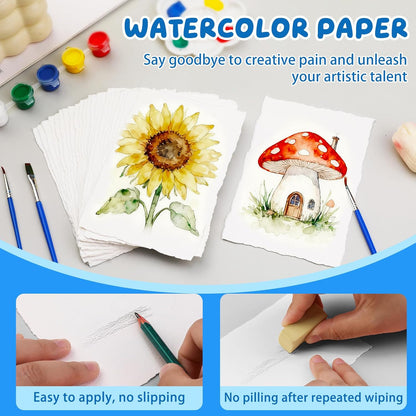 Lunarm Watercolor Paper 50 Sheets, Deckled Edge Paper 300 GSM 4 x 6 inch, Handmade Textured Cotton Paper for Wedding Invitation, Oil Pastel, Watercolor Painting and Cards, Crafts