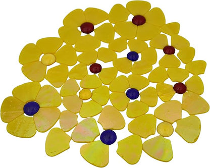 Yuvori Iridescent Flower Mosaic Tiles – 12pcs Mixed Sizes, 5-Petal Iridescent Mica Flowers with Center Beads for DIY Mosaic Art, Fairy Garden, Home Craft, Outdoor Decor (Iridescent Yellow)