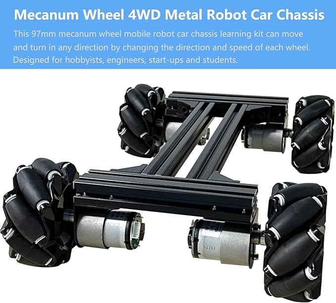 Mecanum Wheel 4wd Metal Robot Car Chassis Control Learning Kit for Arduino Raspberry Pie Microbit with DC Encoder Motor, DIY Steam AGV ROS AI Move Education Platform Robotic Functional Model Black