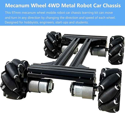 Mecanum Wheel 4wd Metal Robot Car Chassis Control Learning Kit for Arduino Raspberry Pie Microbit with DC Encoder Motor, DIY Steam AGV ROS AI Move Education Platform Robotic Functional Model Black