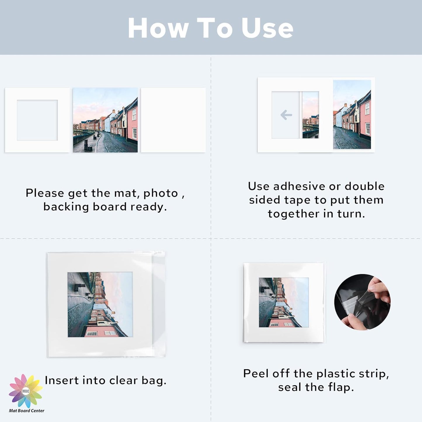 Mat Board Center, Pack of 10, 12x12 for 8x8 White Mat Kit - Acid Free, 4-ply Thickness, White Core - Includes Backing Boards and Clear Bags - for Pictures, Photos, Framing