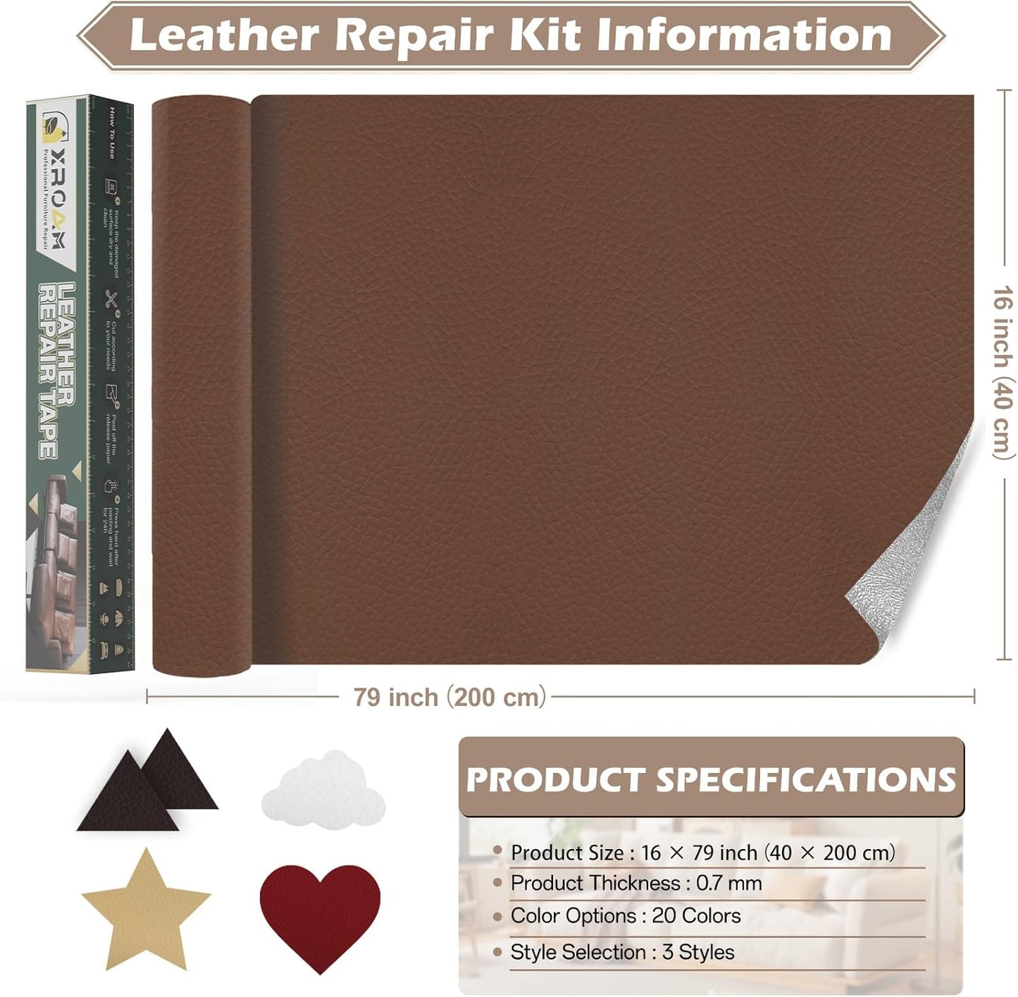 Leather Repair Tape, 16x79 inch Leather Patches for Furniture, Self Adhesive Leather Repair Patch for Sofas, Couches, Leather Covers, Seats, Chairs, Vinyl Repair Tape Dark Gray