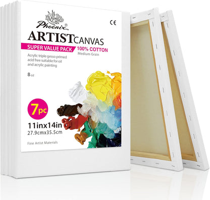 PHOENIX Stretched Canvas for Painting 11x14 Inch/7 Value Pack, 8 Oz Triple Primed 5/8 Inch Profile 100% Cotton White Blank Canvas, Artist Framed Canvas for Oil Acrylic & Pouring Art